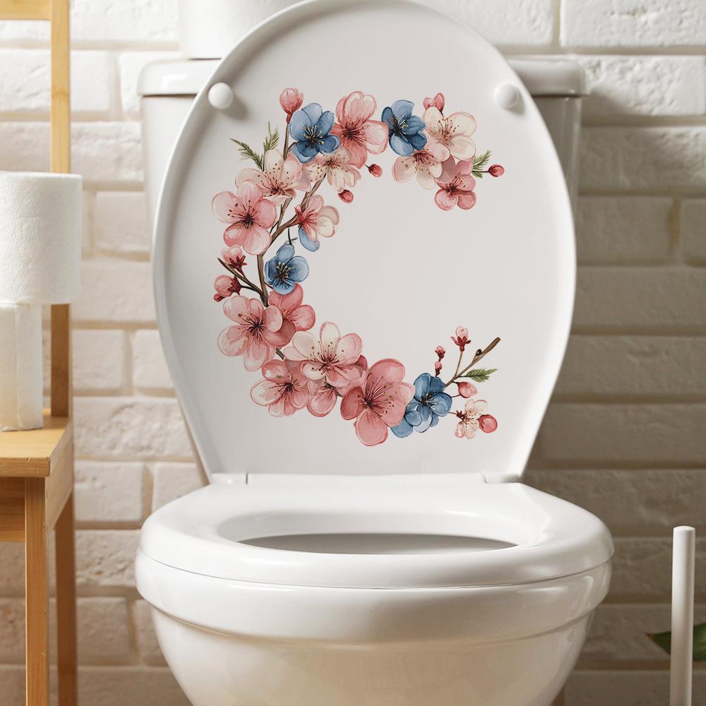 Hand Painted Floral Wreath Toilet and Multi-Surface Sticker Set Waterproof Self-Adhesive Removable Decal for Bathroom WC Home Decor