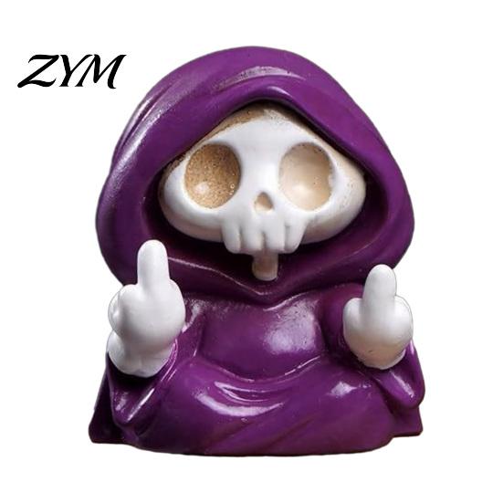 Holiday Skeleton Figurine Purple Robe for Halloween, Middle Finger Table Ornament Resin Statue, Gothic Walking Dog Sculpture