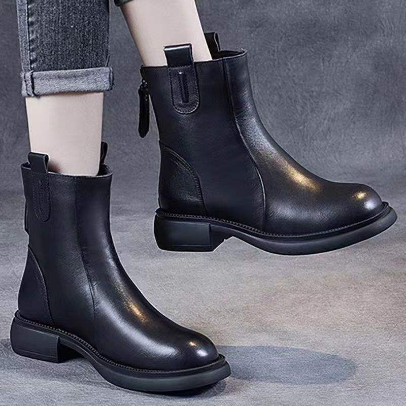 Short boots for women 2026 Spring and Autumn new style British style low heeled leather boots Chelsea retro