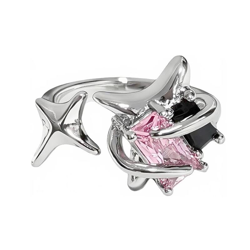 Color Zircon Bow Love Open Ring Women'S Light Luxury Fashion Niche Sweet And Cool Design Sense Tetragonal Star Ring