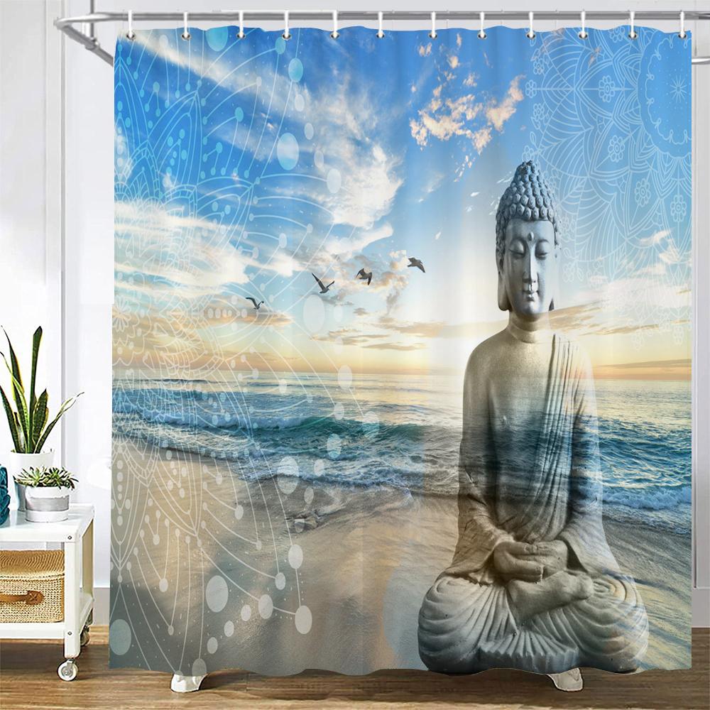 Bathroom Shower Curtains Buddha Statue Polyester Bath Screens Home Decor Waterproof Fabric Hooks Curtain Made Of Washable Washroom Ready
