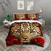 Leopardenmuster Bettwäsche-Set Rote Rosen und Leoparden-Gesicht Design Bettbezug Kissenbezüge Lichtbeständig Für Schlafzimmerdekoration
