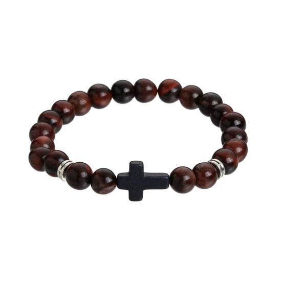 Kruisarmband voor mannen en vrouwen, stenen kralen kruisarmband, elastische stenen religieuze polsband, sieraden, geschenken voor christenen