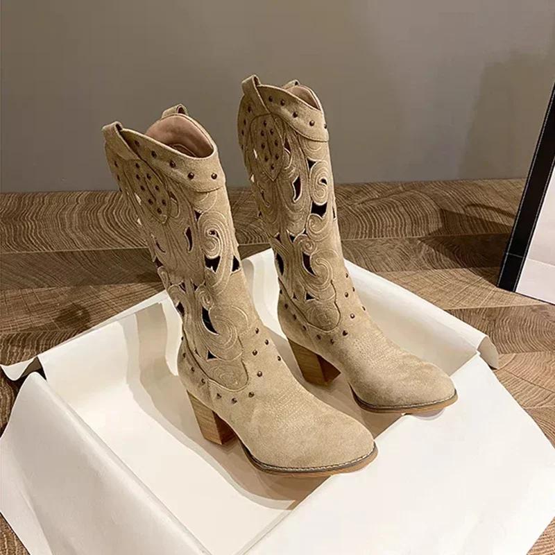 Hollow Embroidered Retro Western Women Autumn Chunky Heels Knee High Top Cowboy Woman Pu Leather Knight Booties