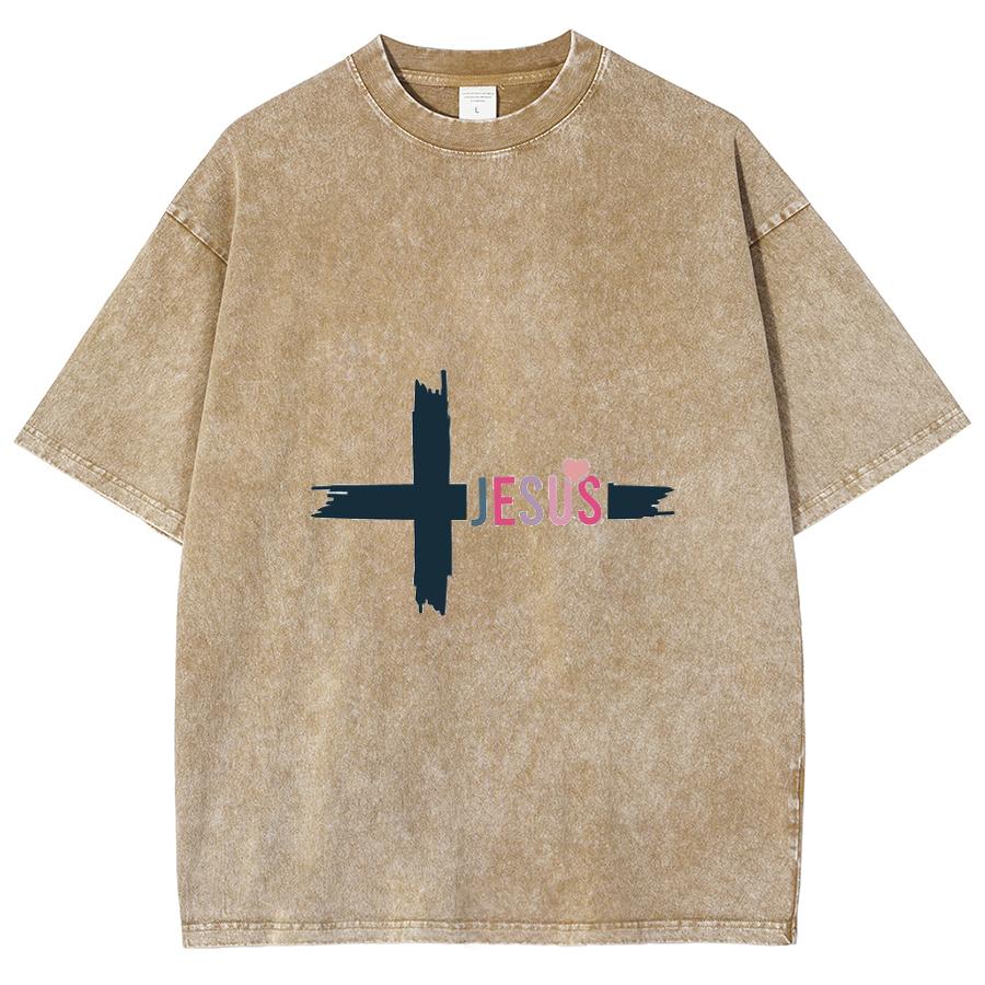 Kors Jesus Bokstavstryck Dam T-shirt Tvättad Denim Oversized Lös Halvärm Amerikansk Vintage Sliten Topp Nisch