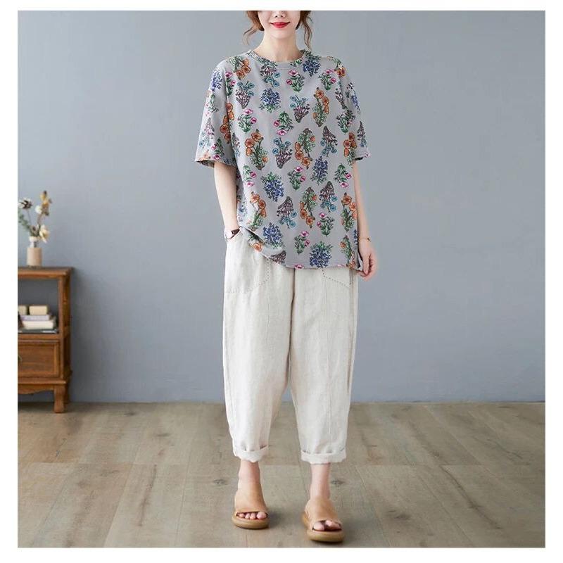 Women Summer Round Neck Short Sleeve Floral Print Casual Loose Fit T Shirt Multi Color