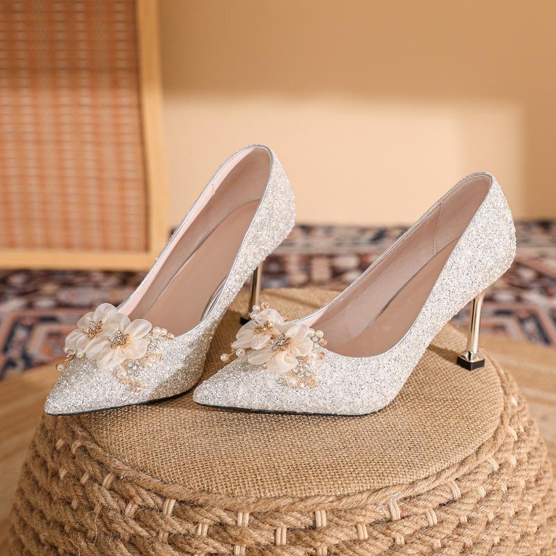 New Style Pointed Stiletto High Heels Plus Size and Width Single Shoes Crystal Wedding Shoes
