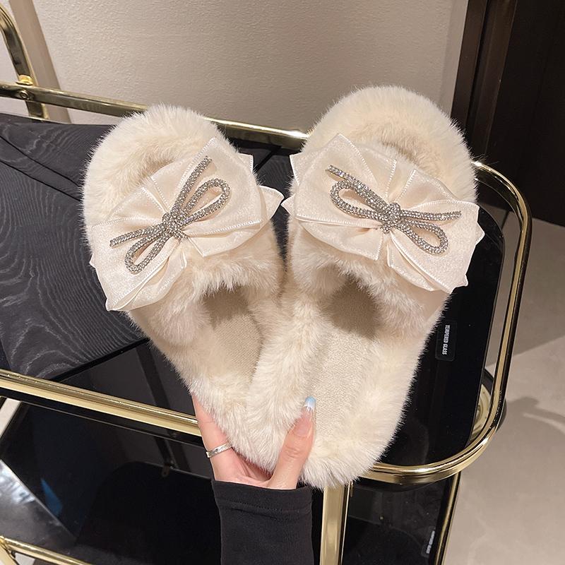 Aphixta 2025 New Sweet Warm Winter Furry Slippers Women Indoor Slippers Shoes Crystal Butterfly Knot Dec Flat Heel Hair Slides