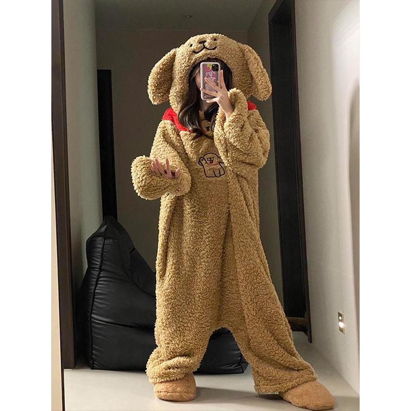 Damen Süße Cartoon Hund Korallenfleece Schlafanzug - Dick, Warm, Winter Einteiler Loungewear