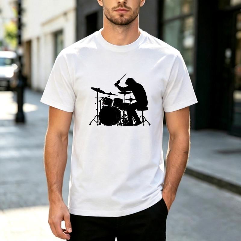 Vintage Rock Drummer Drum Kit Silhouette Graphic T Shirt Unisex Unisex Cotton Crewneck Musician Band Tee Summer Casual Streetwear