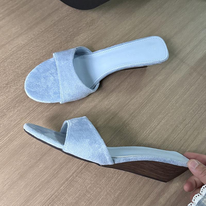 Fashion Luxury Fashion Flock Women Wedges Slippers Female Slides Sandals Shoes Round Toe Footwear Ladies Heeled Slippers Wedges Shoes