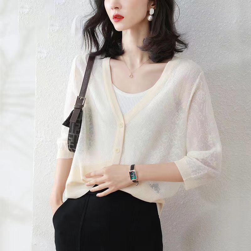 Cardigan tricoté ample pour femme, châle ajouré, protection solaire, chemise climatisée