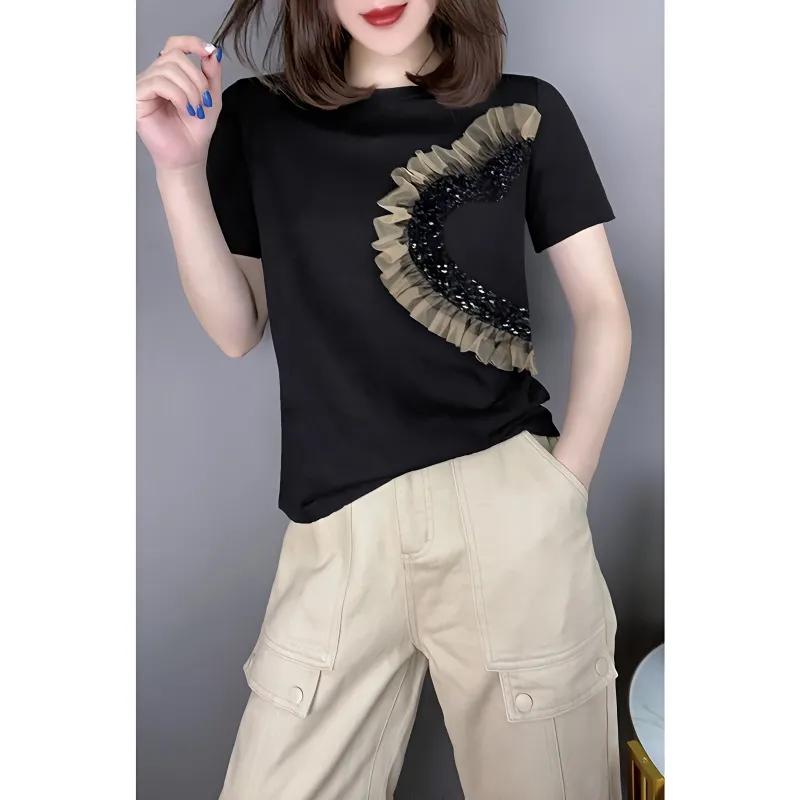 T-shirt da donna estive semplici patchwork con paillettes in garza, girocollo, manica corta