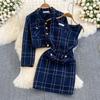 Two Piece Sets Women's Outifits Dress Suit Turndown Collar Long Sleeve Crop Jackets Tunic Tweed Plaid Dresses Set