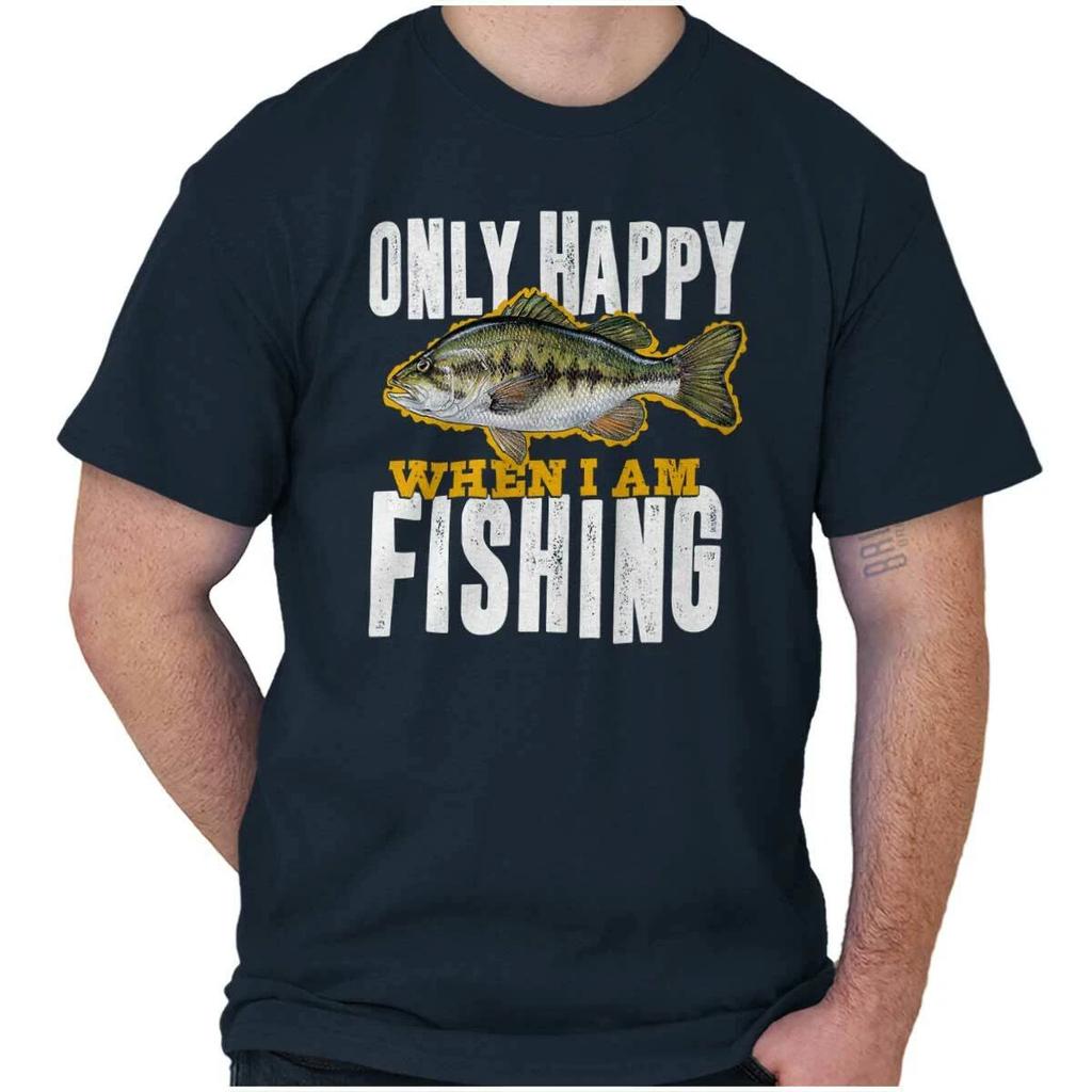Funny Fisherman Only Happy When I Am Fishing Womens or Mens Crewneck 100% Cotton T-shirt Mens Tees Top Tee