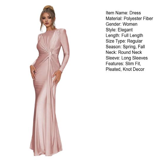 Women Evening Dress Pleated Knot Decor Slim Fit Round Neck Back Zipper Closure Full Length Wedding Party Prom Maxi Dress