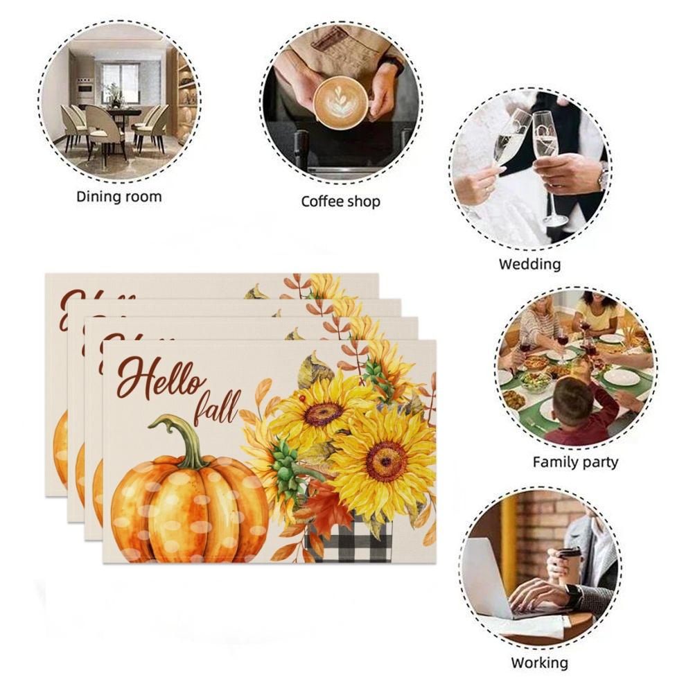 Pumpkin Sunflower Table Mat Fall Floral Kitchen Home Rustic Table Farmhouse Washable Heat Resistant Wedding Party Decoration