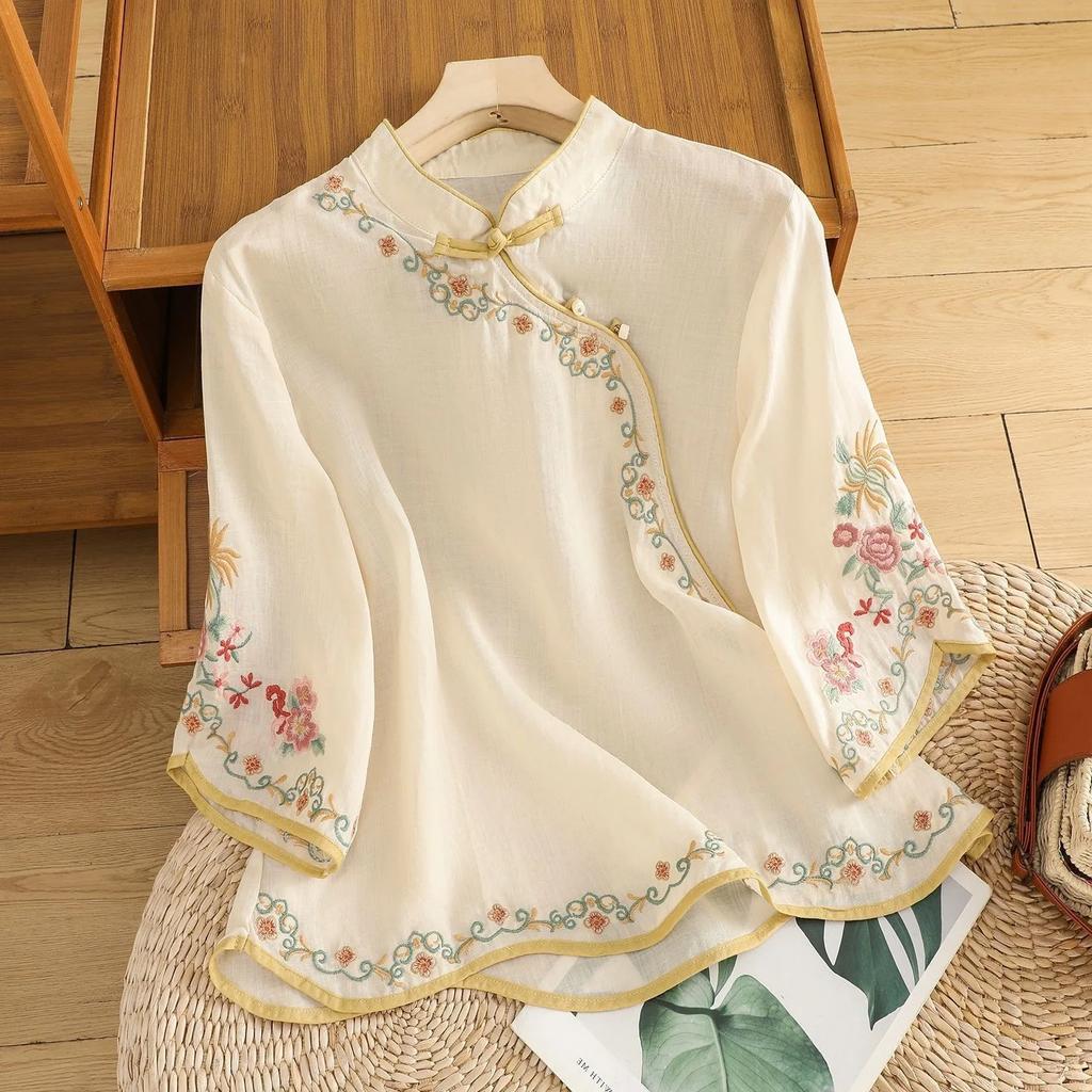Sommar Dam Konstnärlig Vintage Broderi Slimmande Bomull Linne Damtopp med Knapp Färgblock Ärmlös Skjorta