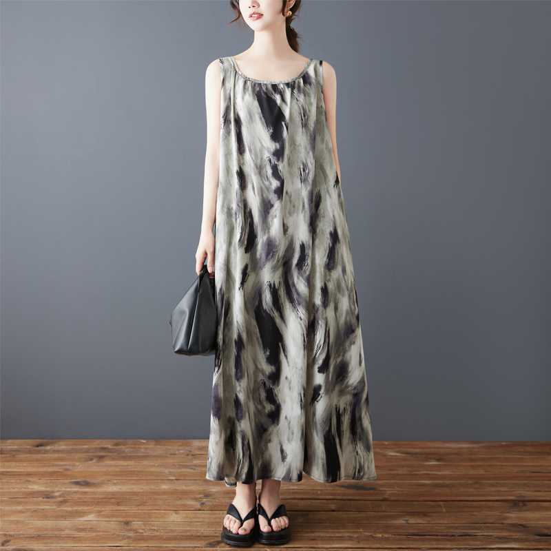 Women's Fashion Korean Version Loose Chiffon Printed Dress Long Skirt