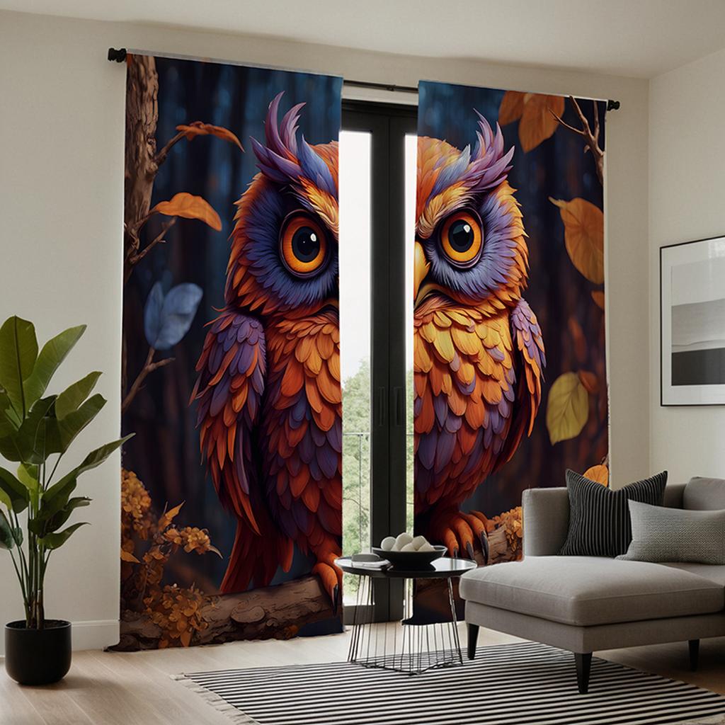 2pcs  Set HD Owl In the Forest Decorative Curtain Color Tie Digital Printed Curtain Home Decoration Style Decoration Living Ro