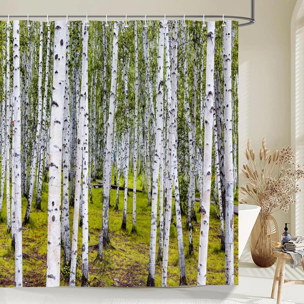 High Quality Birch Forest Fabric Shower Curtain Waterproof Natural Landscape Printed Bath Curtains for Bathroom Decor with Hooks