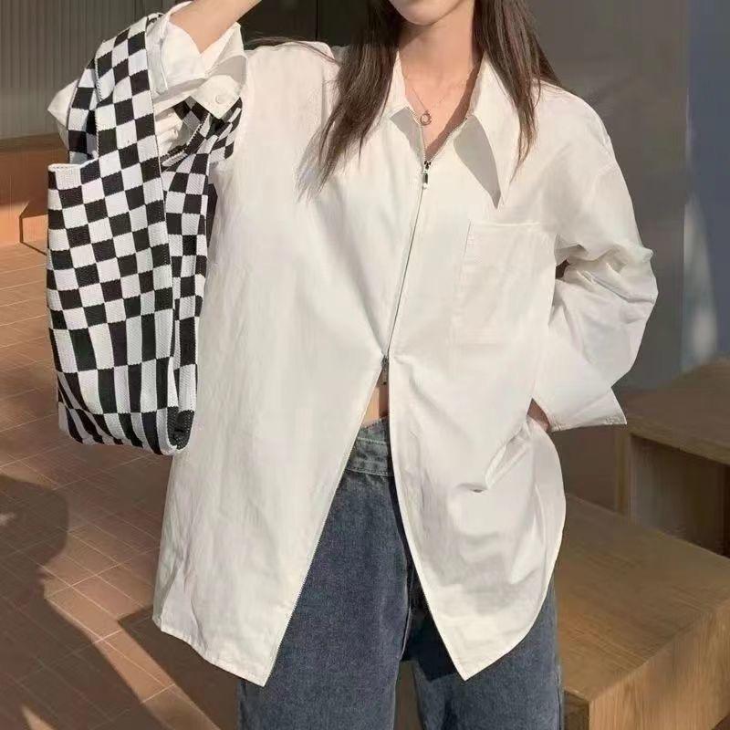 French Design Niche Double-zipper Long-sleeve Shirt for Women, Loose and Versatile Hong Kong-style Vintage Shirt Jacket for Spring and Autumn