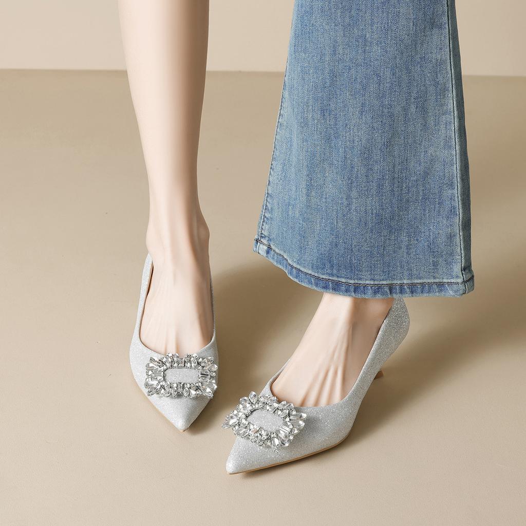 Pointed Single Shoes Women's Shallow Mouth Rhinestone High Heels Are Not Tired of Feet Temperament Thin Heel Crystal Wedding Shoes
