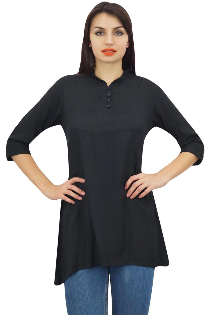 Phagun Women's Black Cotton Modal 3 4 Sleeve Button Down Blouse Shirt Top -