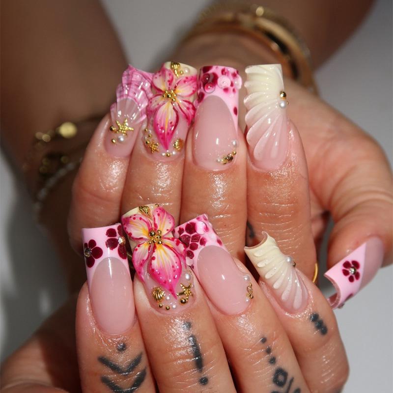 30-Piece Set: Handmade Almond Nails with 3D Flowers, Butterflies & Pearls