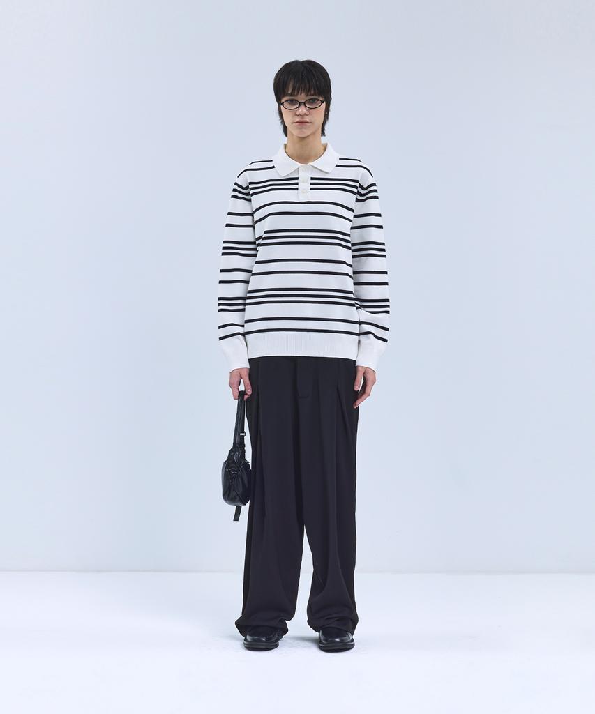 IRONYPORNO WHITELINE 86-Iroj358 Collared Neck Small Striped Long Sleeve Knit White