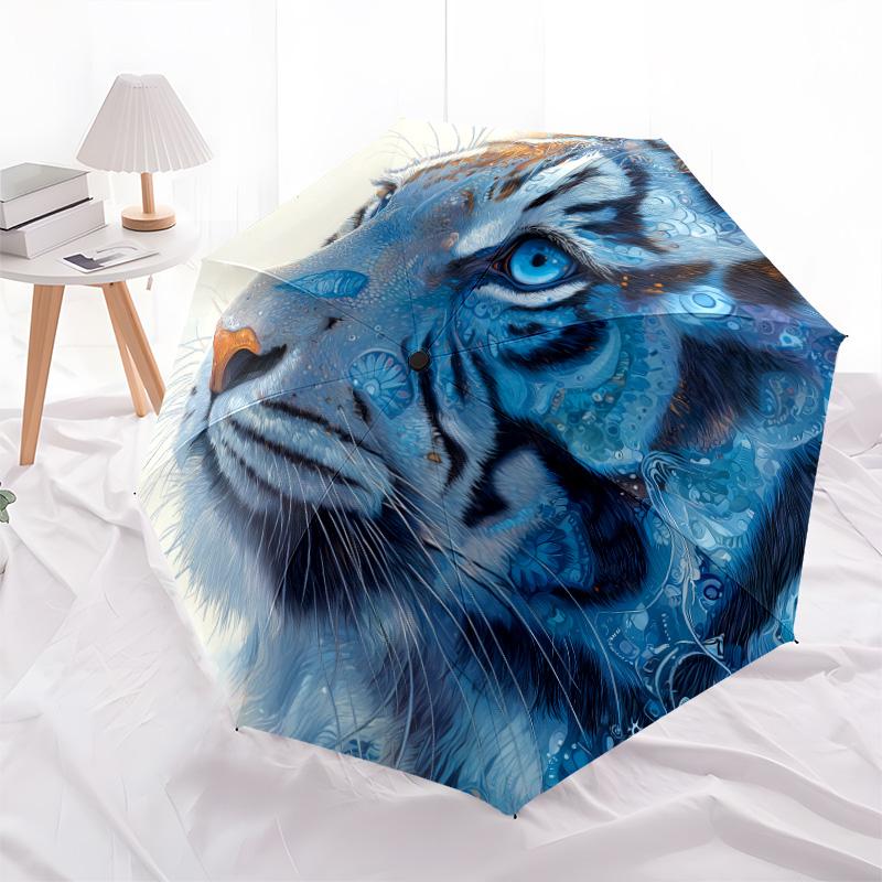 Tiger Head Pattern, Automatic Folding Umbrella, Portable and Foldable Design, 8 Ribs, a Christmas or Birthday Gift.