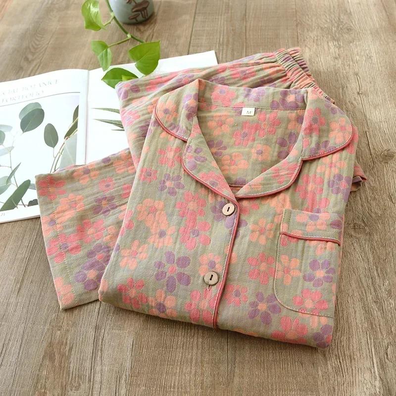 Ny Vår- och Sommar Dam Pyjamas Set Långärmad Byxor Tvådelat 100% Bomull Krepp Blomma Löv Hemmakläder