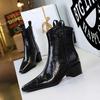 578-10 Retro Handgekratzte Damen-Stiefeletten, Europäischer & Amerikanischer Stil, Winter Chunky Mittelhoch, Spitzschuh Kurze Ritterstiefel