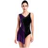 Womens Figure Skating Leotard Dress Shiny Rhinestones Color Block Mesh Patchwork for Ballet Lyrical Dance Gymnastics Dancewear
