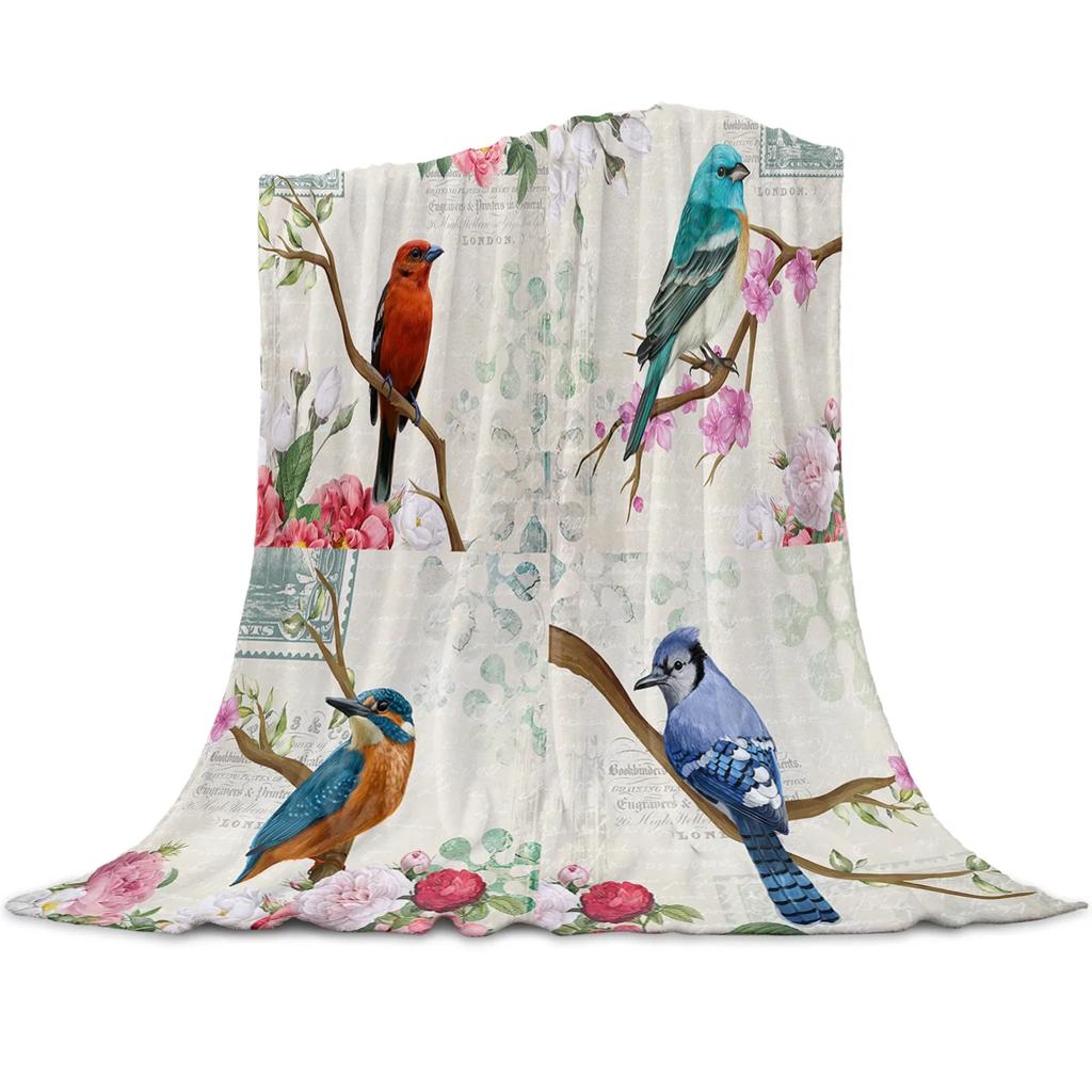 Couverture Flanelle Imprimée Rétro Fleur de Pêcher Rose Oiseau Bleu Couverture Douce pour Lit Salon Canapé Canapé Taille King Queen Chaude