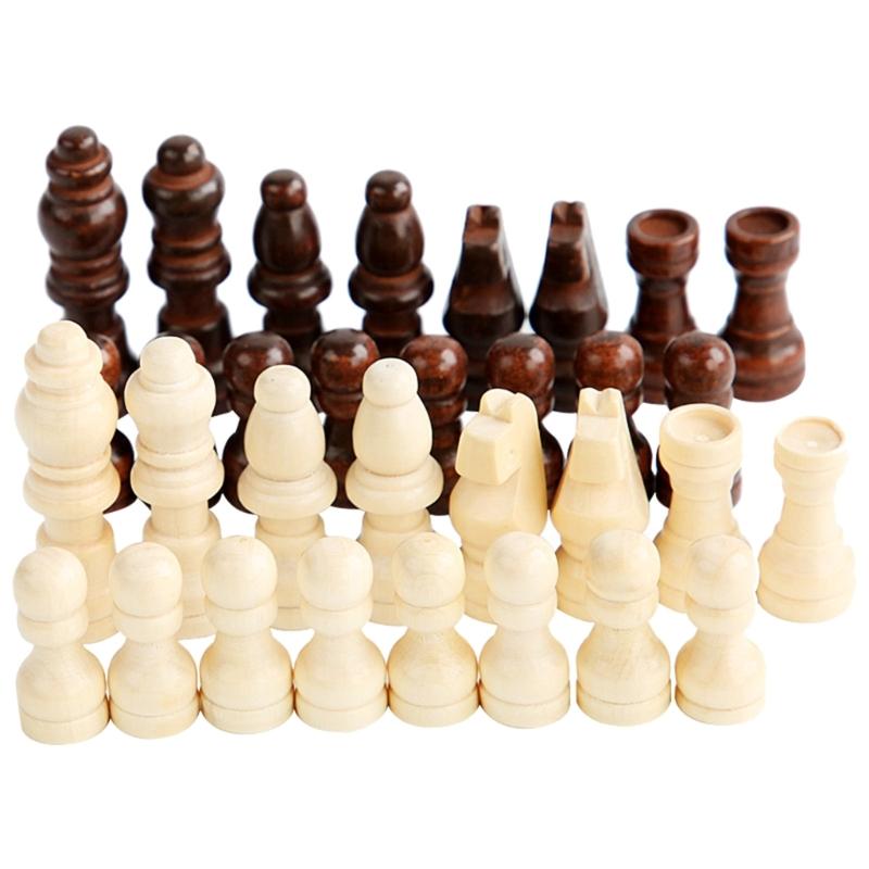 32 Pcs Portable Chess Pieces International Chess Figures Wooden Hand Carved Tournament Chessmen for Adults or Children