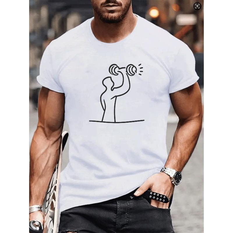 Europeiska storlekar Enkel Linje Hanteltryck, Herrkläder, Vardagsstil, Mycket Mångsidig Herr T-shirt, Vardaglig Kortärmad T-shirt