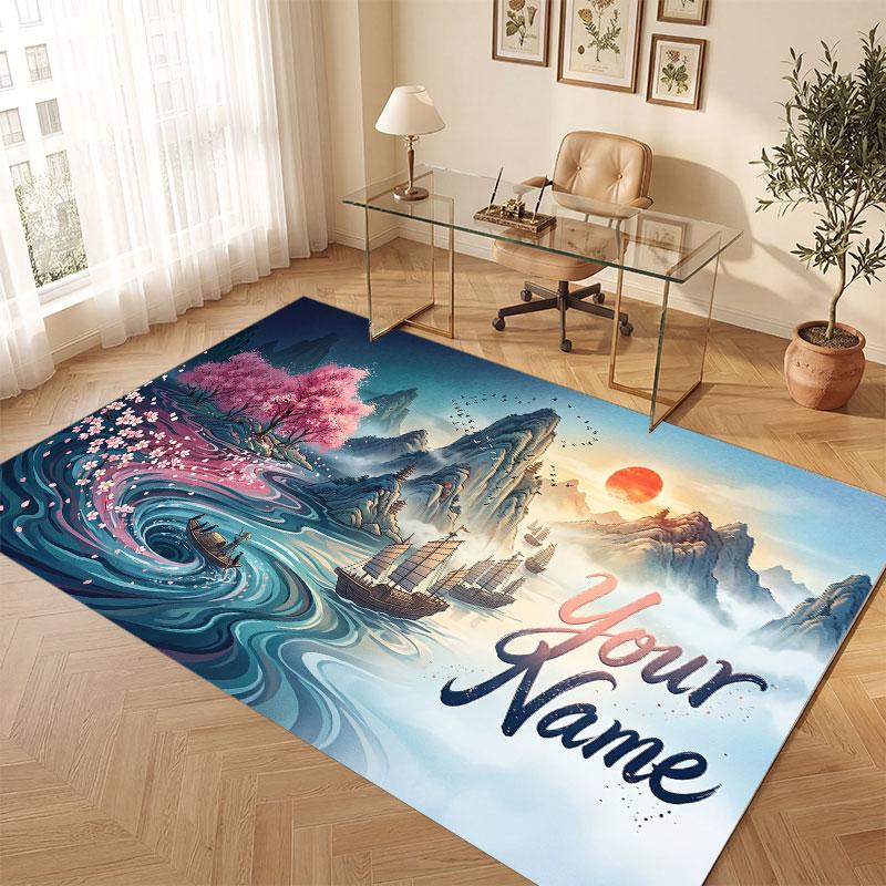 Mountain Landscape Theme Crystal Velvet Floor Rug Personalized Custom Name Text Warm Carpet Home Decoration