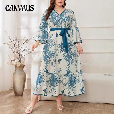 Plus Size Women's Autumn New Fashion Print Temperament Commuter V Neck Swing Mid Length Dress