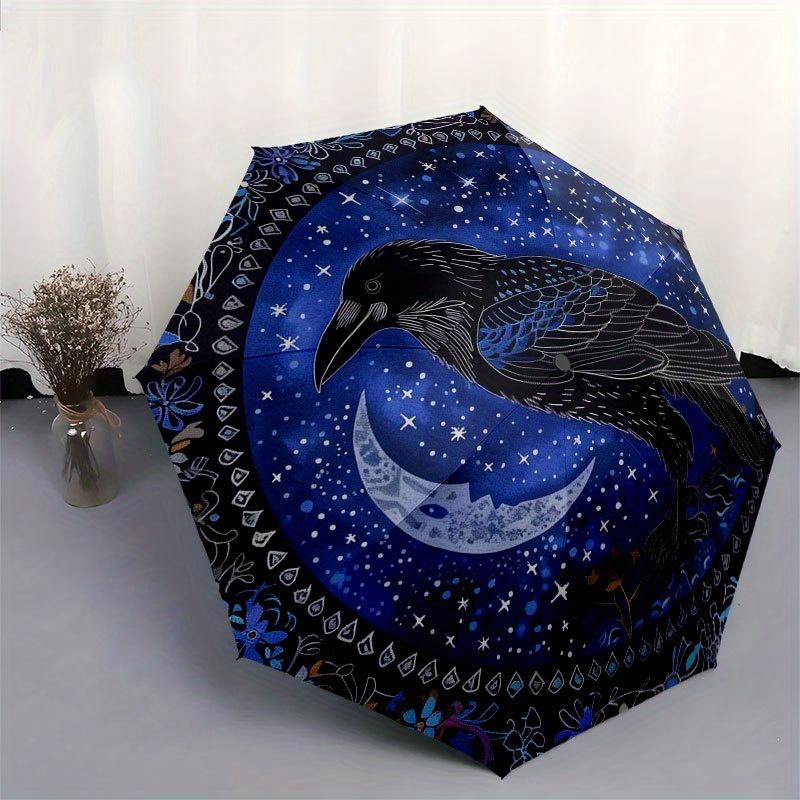 Enchanted Raven Moon Tapestry, Mystical Night Sky Wall HangingUmbrella with Cute Design, Portable 3-Fold Compact Umbrella for Men & Women, Valentine's