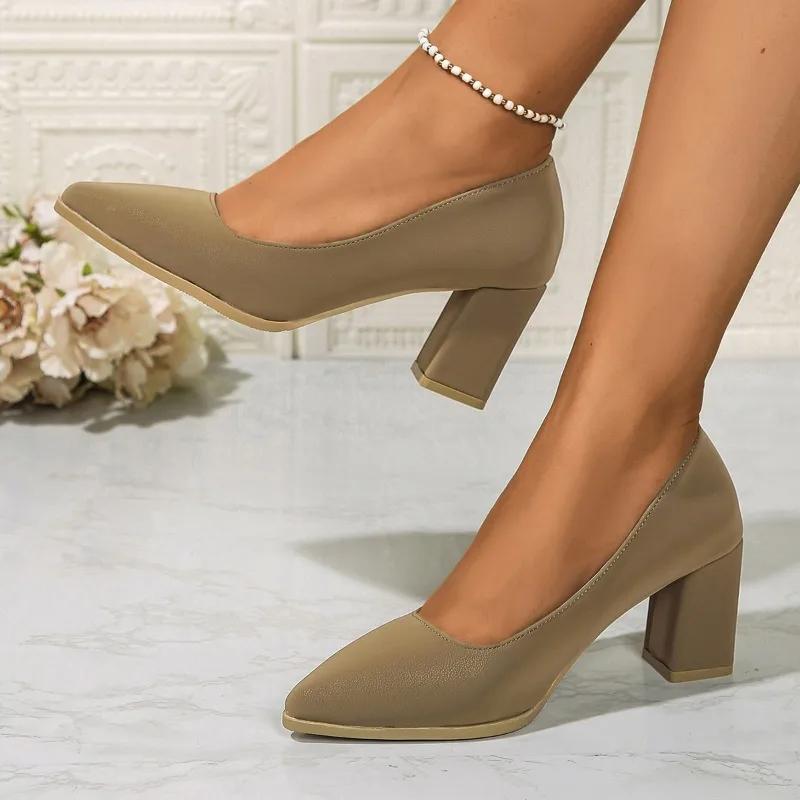 2024 High Quality Shoes Female One Kick Women's Pumps Autumn Pointed Toe Solid Dress Party Block Heel Shallow Large Size Shoes