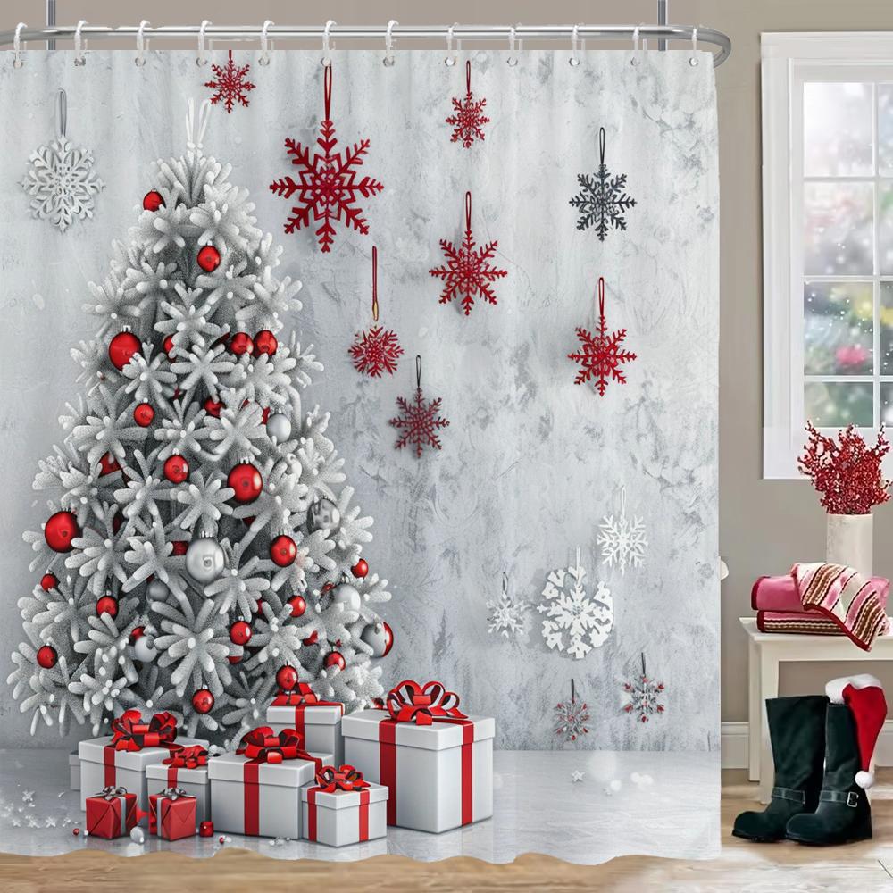 Merry Christmas Tree Bell Print Bathing Curtain Bathroom Shower Curtain,Home Holiday Decorative Christmas Curtain with Hooks