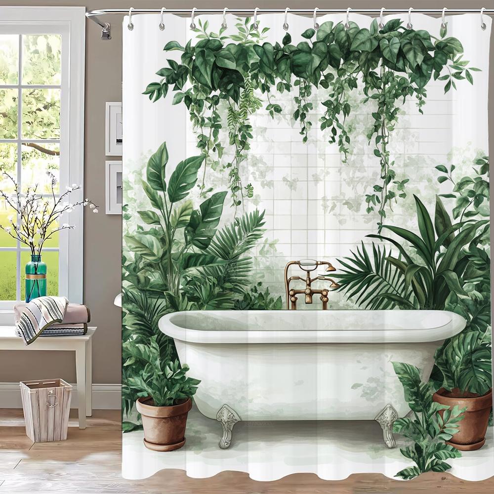 Tropical Plants Bathtub Shower Curtain, Green Leaves Art Bathroom Decorative Curtain, Printed Polyester Curtain with Hooks