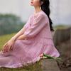 Woman Summer O-Neck Half Sleeve A-Line Dress Fashion Casual Vintage Solid Color Splicing Dress