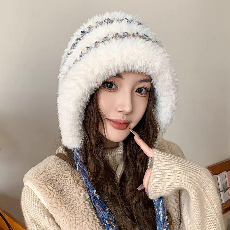 Winter Damen Samt verdickt warm Strickmütze Mongolische Ohrenschützer Wollmütze Großer Kopfumfang