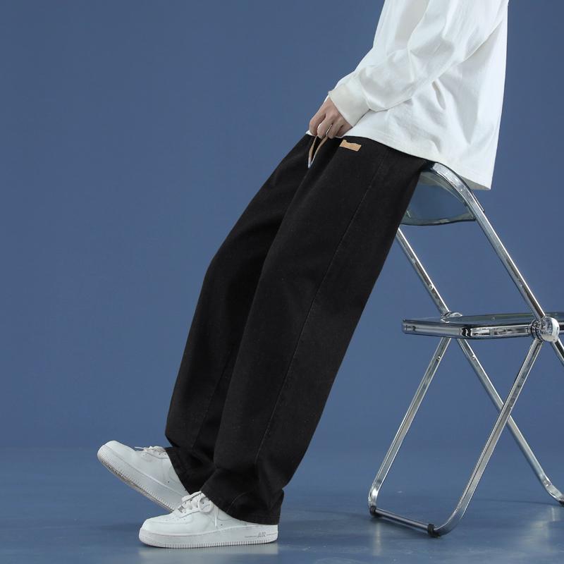 Herbst Winter Herren Schwarz Gerade Weite Beine Jeans High Street Lockerer Sitz Denim Hose Lässige Hose Street Style