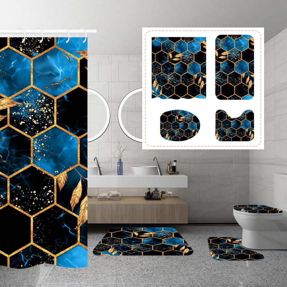 4PCS Flower Shower Curtain Set with Non-Slip Rugs Toilet Lid Cover and Bath Mat Black Shower Curtain Waterproof Bathroom Decor