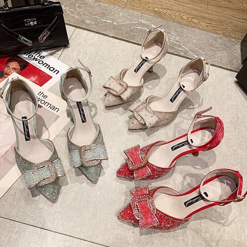 Rimocy Fashion Bow Pásek kolem kotníku Tenké podpatky Lodičky Dámské Luxusní kamínky Svatební společenské šaty Boty Dámská