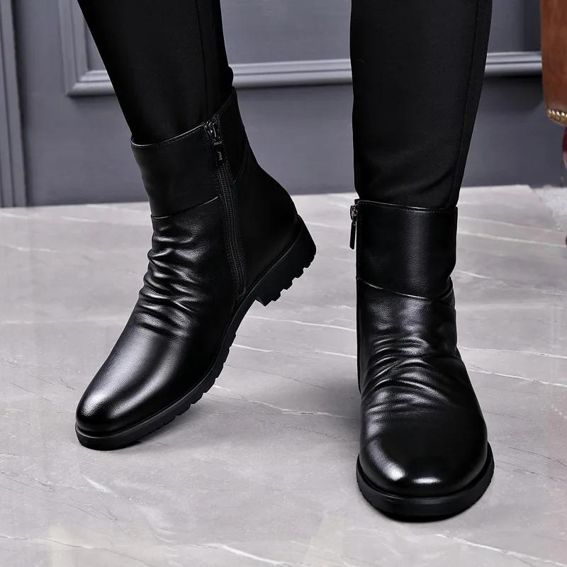 Bottes pour Hommes en Cuir Véritable Bottes en Cuir de Vachette de Haute Qualité Bottes de Moto Hautes Mode Bottes Habillées Décontractées d'Affaires pour Hommes