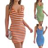 Spring And Summer Contrast Striped Knitted Hip-hugging Skirt Suspender Holiday Dress For Women